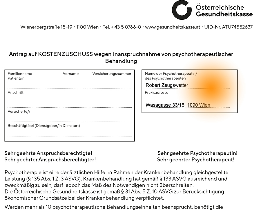 Antrag auf Kostenzuschuss wegen Inanspruchnahme von psychotherapeutischer Behandlung - Österreichische Gesundheitskasse